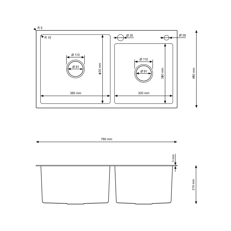 Rysunek techniczny zlewozmywaka 7845 BIKI