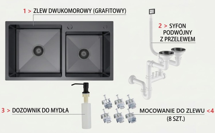Zlewozmywak dwukomorowy czarny + syfon + mocowanie + dozownik