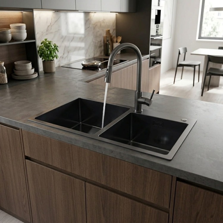 Zlewozmywak dwukomorowy 78x45 cm czarny kuchnia