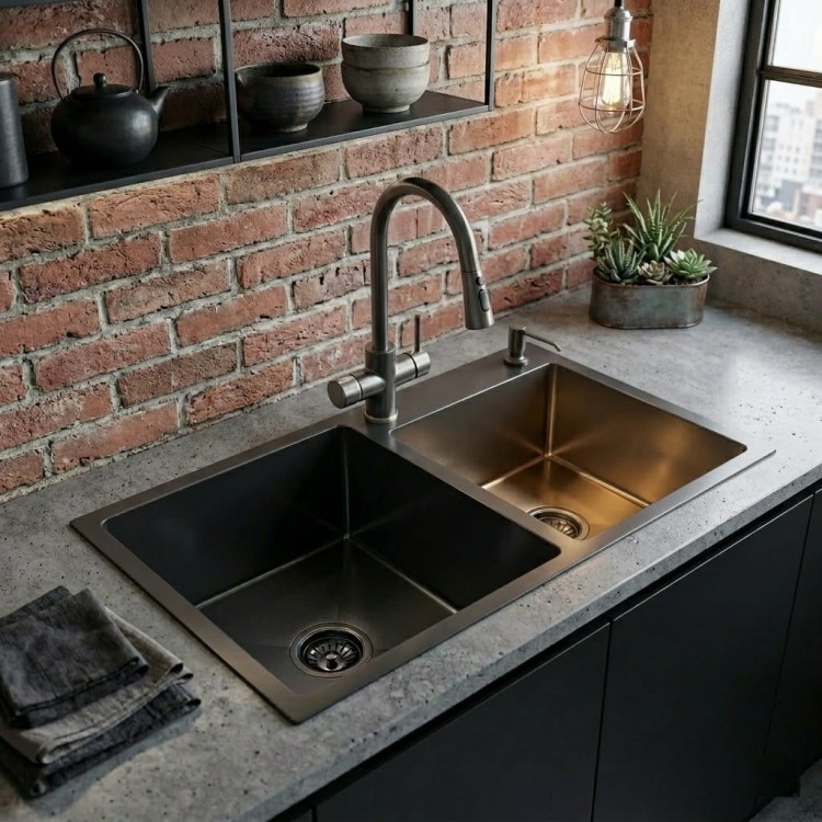 Zlewozmywak czarny dwukomorowy kuchnia loft